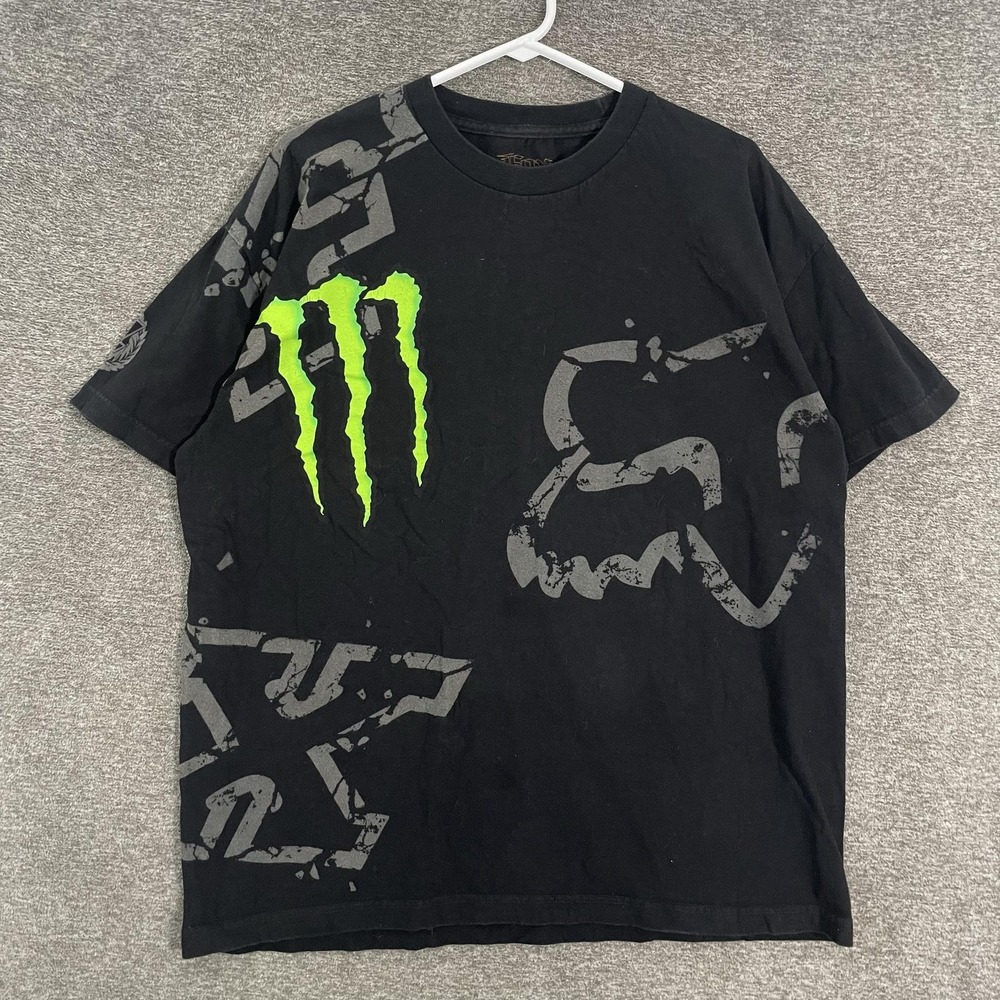 Fox X Monster Energy Shirt Mens XL Black Racing Y2K Skate Grunge AOP